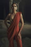 Nikhil Thampi_Rust Beads Sweetheart Neck Metallic Embroidered Pant Saree With Blouse _Online_at_Aza_Fashions
