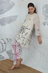 Shivani Bhargava_Beige Chanderi, Cotton Round Neck Digital Print Tunic And Check Pants Set _Online_at_Aza_Fashions