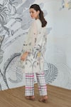 Shop_Shivani Bhargava_Beige Chanderi, Cotton Round Neck Digital Print Tunic And Check Pants Set _at_Aza_Fashions