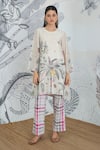 Shop_Shivani Bhargava_Beige Chanderi, Cotton Round Neck Digital Print Tunic And Check Pants Set _Online_at_Aza_Fashions