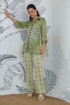 Buy_Shivani Bhargava_Green Silk Satin Embroidery Collared Asymmetrical Digital Print Shirt And Pant _Online_at_Aza_Fashions