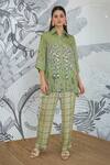 Buy_Shivani Bhargava_Green Silk Satin Embroidery Collared Asymmetrical Digital Print Shirt And Pant _at_Aza_Fashions