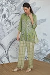 Shop_Shivani Bhargava_Green Silk Satin Embroidery Collared Asymmetrical Digital Print Shirt And Pant _Online_at_Aza_Fashions