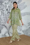 Shivani Bhargava_Green Silk Satin Embroidery Collared Asymmetrical Digital Print Shirt And Pant _at_Aza_Fashions