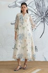 Buy_Shivani Bhargava_Ivory Chanderi Split V-neck Jungle Frill Dress _at_Aza_Fashions