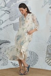 Shop_Shivani Bhargava_Ivory Chanderi Split V-neck Jungle Frill Dress _Online_at_Aza_Fashions