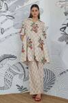 Shivani Bhargava_Beige Cotton Collared Check Flower Box Pleat Kurta And Pant _Online_at_Aza_Fashions