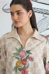 Shop_Shivani Bhargava_Beige Cotton Collared Check Flower Box Pleat Kurta And Pant _Online_at_Aza_Fashions