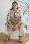 Shivani Bhargava_Beige Cotton Collared Check Flower Box Pleat Kurta And Pant _at_Aza_Fashions