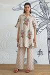 Buy_Shivani Bhargava_Beige Cotton Collared Check Flower Box Pleat Dress _at_Aza_Fashions