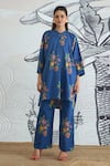 Buy_Shivani Bhargava_Blue Cotton Round Neck Flower Kimono Tunic And Pant Set _at_Aza_Fashions