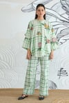 Shop_Shivani Bhargava_Green Cotton Embroidery Mandarin Collar Check Flower Tunic And Pant Set _Online_at_Aza_Fashions