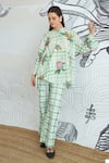 Buy_Shivani Bhargava_Green Cotton Embroidery Mandarin Collar Check Flower Tunic And Pant Set _at_Aza_Fashions