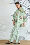 Shivani Bhargava_Green Cotton Embroidery Mandarin Collar Check Flower Tunic And Pant Set _at_Aza_Fashions