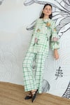 Buy_Shivani Bhargava_Green Cotton Embroidery Mandarin Collar Check Flower Tunic And Pant Set 