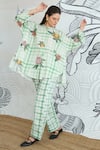 Shop_Shivani Bhargava_Green Cotton Embroidery Mandarin Collar Check Flower Tunic And Pant Set 