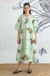 Shop_Shivani Bhargava_Green Cotton V-neck Check Long Dress 
