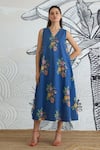 Buy_Shivani Bhargava_Blue Cotton V-neck Digital Print Long Dress _at_Aza_Fashions