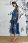 Shop_Shivani Bhargava_Blue Cotton V-neck Digital Print Long Dress _Online_at_Aza_Fashions