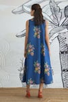 Shop_Shivani Bhargava_Blue Cotton V-neck Digital Print Long Dress _at_Aza_Fashions