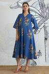 Buy_Shivani Bhargava_Blue Cotton V-neck Digital Print Long Dress _at_Aza_Fashions