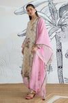 Shivani Bhargava_Beige Chanderi, Cotton V-neck Check Flower Kurta Set _at_Aza_Fashions