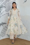 Buy_Shivani Bhargava_Ivory Chanderi V-neck Digital Print Jungle Anarkali _at_Aza_Fashions