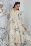 Shop_Shivani Bhargava_Ivory Chanderi V-neck Digital Print Jungle Anarkali _Online_at_Aza_Fashions