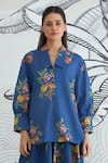 Shivani Bhargava_Blue Cotton Collared Floral Digital Print Shirt And Skirt Set _Online_at_Aza_Fashions