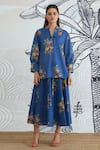 Shivani Bhargava_Blue Cotton Collared Floral Digital Print Shirt And Skirt Set _at_Aza_Fashions