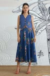 Shivani Bhargava_Blue Cotton Embroidery V-neck Waistcoat And Flower Skirt _at_Aza_Fashions