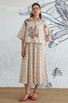 Buy_Shivani Bhargava_Beige Cotton Embroidery Collared Check Flower Crop Shirt And Skirt _at_Aza_Fashions