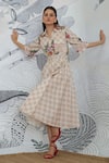 Shop_Shivani Bhargava_Beige Cotton Embroidery Collared Check Flower Crop Shirt And Skirt _Online_at_Aza_Fashions