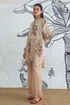 Shop_Shivani Bhargava_Beige Organza, Satin Collared Check Flower Kimono Tunic And Pants _Online_at_Aza_Fashions