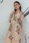 Buy_Shivani Bhargava_Beige Silk Organza Collared Check Flower Tunic _at_Aza_Fashions