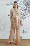 Shivani Bhargava_Beige Silk Organza Collared Check Flower Tunic _Online_at_Aza_Fashions