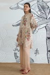 Shop_Shivani Bhargava_Beige Silk Organza Collared Check Flower Tunic _Online_at_Aza_Fashions