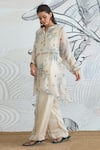 Buy_Shivani Bhargava_Ivory Organza, Satin Jungle Kimono Tunic With Blue Piping Pants 
