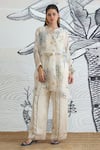 Buy_Shivani Bhargava_Ivory Organza, Satin Jungle Kimono Tunic With Blue Piping Pants _at_Aza_Fashions
