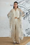 Buy_Shivani Bhargava_Cream Silk Satin Round Neck Jungle Print Cape With Waistcoat And Pants _at_Aza_Fashions
