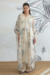 Buy_Shivani Bhargava_Cream Silk Satin Round Neck Jungle Print Cape With Waistcoat And Pants 