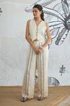 Buy_Shivani Bhargava_Cream Silk Satin Round Neck Waistcoat And Pant Set _at_Aza_Fashions