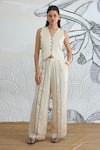 Buy_Shivani Bhargava_Cream Silk Satin Round Neck Waistcoat And Pant Set _Online_at_Aza_Fashions