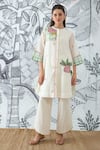 Buy_Shivani Bhargava_Ivory Chanderi, Cotton Embroidery Round Neck Green Check Tunic And Pant Set _at_Aza_Fashions