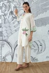 Shivani Bhargava_Ivory Chanderi, Cotton Embroidery Round Neck Green Check Tunic And Pant Set _at_Aza_Fashions