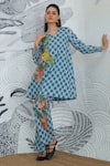 Buy_Shivani Bhargava_Blue Cotton Embroidery V-neck Check Flower Co-ord Set _at_Aza_Fashions