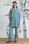 Shivani Bhargava_Blue Cotton Embroidery V-neck Check Flower Co-ord Set _at_Aza_Fashions