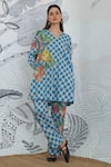 Buy_Shivani Bhargava_Blue Cotton Embroidery V-neck Check Flower Co-ord Set 