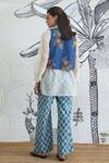 Shop_Shivani Bhargava_Blue Chanderi, Cotton Embroidery Collared Floral Waistcoat And Check Pant Set _at_Aza_Fashions