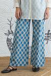Buy_Shivani Bhargava_Blue Chanderi, Cotton Embroidery Collared Floral Waistcoat And Check Pant Set _Online_at_Aza_Fashions